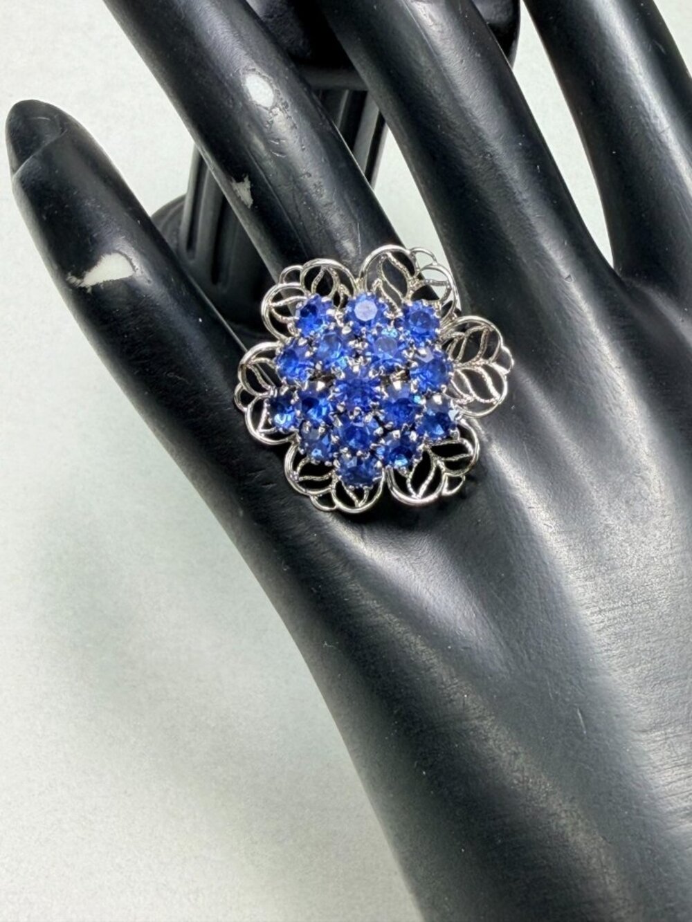 Vintage Light Blue Rhinestone Cluster Flower Adjustable Ring Silver Tone